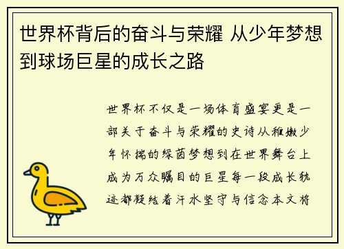 世界杯背后的奋斗与荣耀 从少年梦想到球场巨星的成长之路