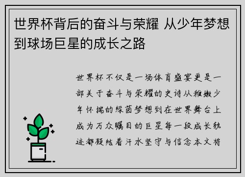 世界杯背后的奋斗与荣耀 从少年梦想到球场巨星的成长之路