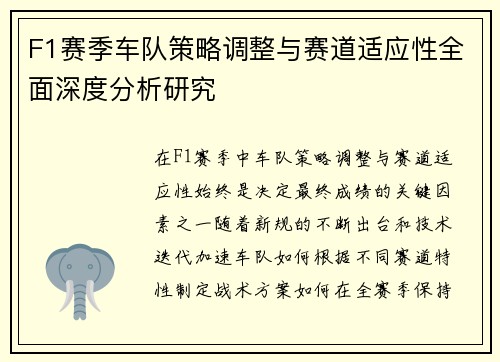 F1赛季车队策略调整与赛道适应性全面深度分析研究 F1赛季车队策略调整与赛道适应性全面深度分析研究